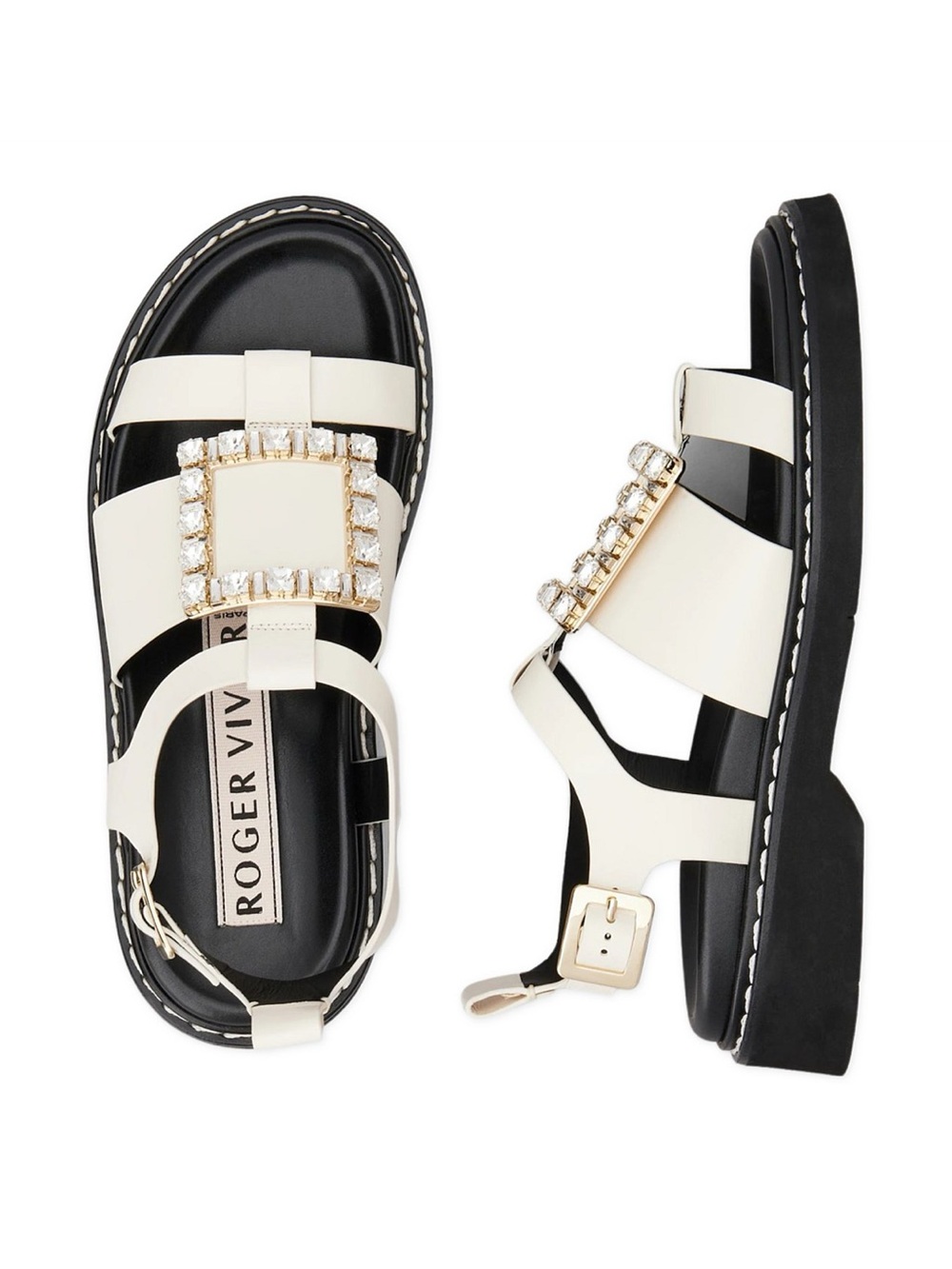 Roger Vivier White Leather Crystal-Buckle Flat Sandals US 9